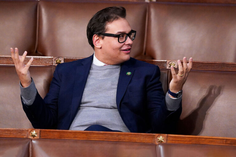 George Santos (R-N.Y.) speaks to other members as the search for speaker continued during a meeting of the 118th Congress, Friday, January 6, 2023, at the U.S. Capitol in Washington DC. (Jabin Botsford/The Washington Post via Getty Images)