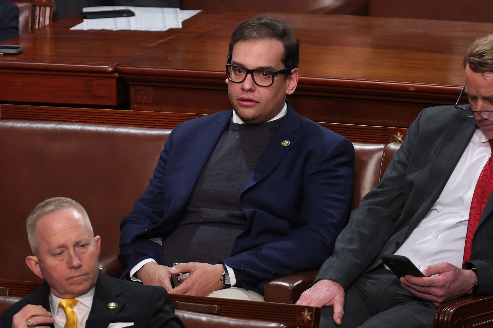 U.S. Rep.-elect George Santos (R-NY) watches proceedings in the House Chamber during the third day of elections for Speaker of the House at the U.S. Capitol Building on January 05, 2023 in Washington, DC. (Win McNamee/Getty Images)
