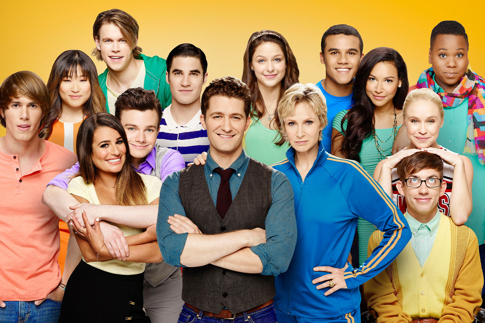 GLEE cast members Jenna Ushkowitz, Chord Overstreet, Darren Criss, Melissa Benoist, Jacob Artist, Naya Rivera and Alex Newell. Bottom (L-R bottom) Blake Jenner, Lea Michele, Chris Colfer, Matthew Morrison, Jane Lynch, Becca Tobin and Kevin McHale. (FOX Image Collection via Getty Images)