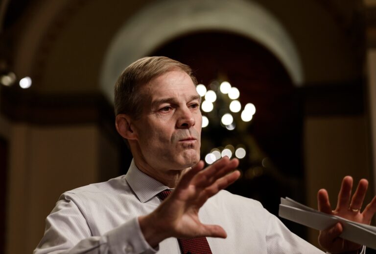 Rep. Jim Jordan (R-OH) speaks during an on-camera interview near the House Chambers during a series of votes in the U.S. Capitol Building on January 09, 2023 in Washington, DC.