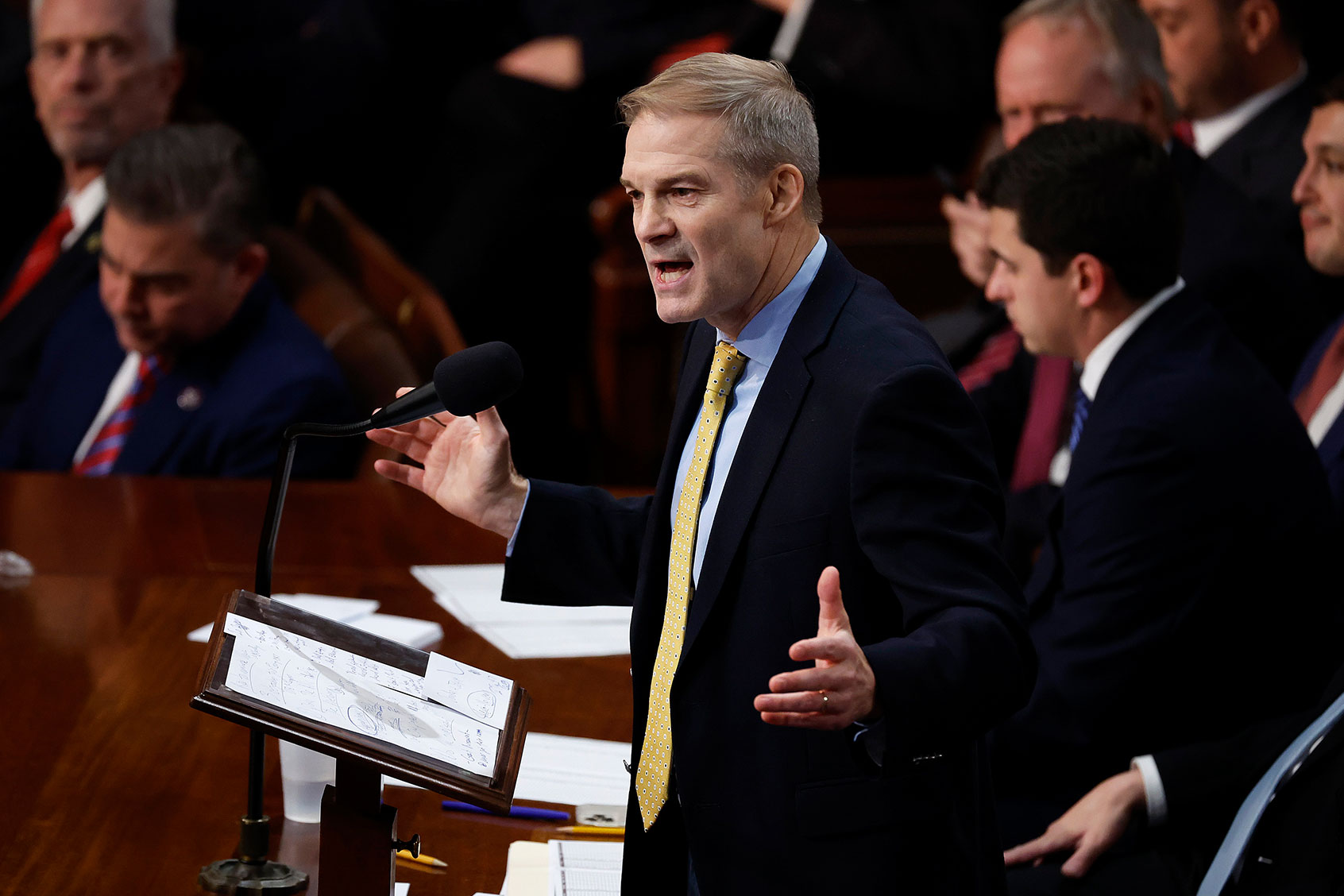 Rep. Jim Jordan (R-OH) nominates House Minority Leader Kevin McCarthy (R-CA) for Speaker of the House of the 118th Congress during a speech in the House Chamber of the U.S. Capitol Building on January 03, 2023 in Washington, DC. (Chip Somodevilla/Getty Images)