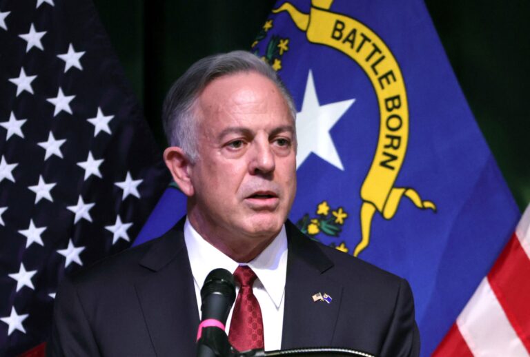 Republican Nevada Gov. Joe Lombardo gives victory remarks at his alma mater, Rancho High School, on November 14, 2022 in North Las Vegas, Nevada. (Ethan Miller/Getty Images)