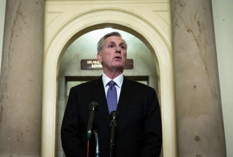 Speaker of the House Kevin McCarthy (R-CA) speaks during a news conference outside of his office at the U.S. Capitol on January 24, 2023 in Washington, DC. (Drew Angerer/Getty Images)