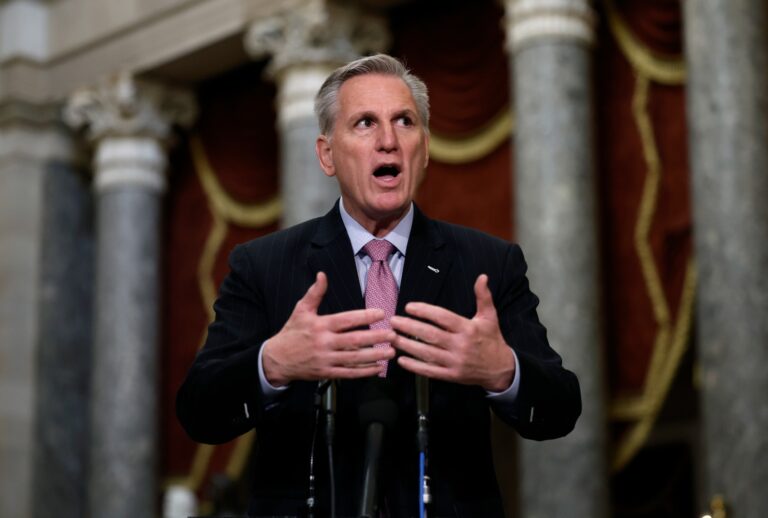 Speaker Kevin McCarthy (R-CA) speaks at a news conference in Statuary Hall of the U.S. Capitol Building on January 12, 2023 in Washington, DC. (Anna Moneymaker/Getty Images)