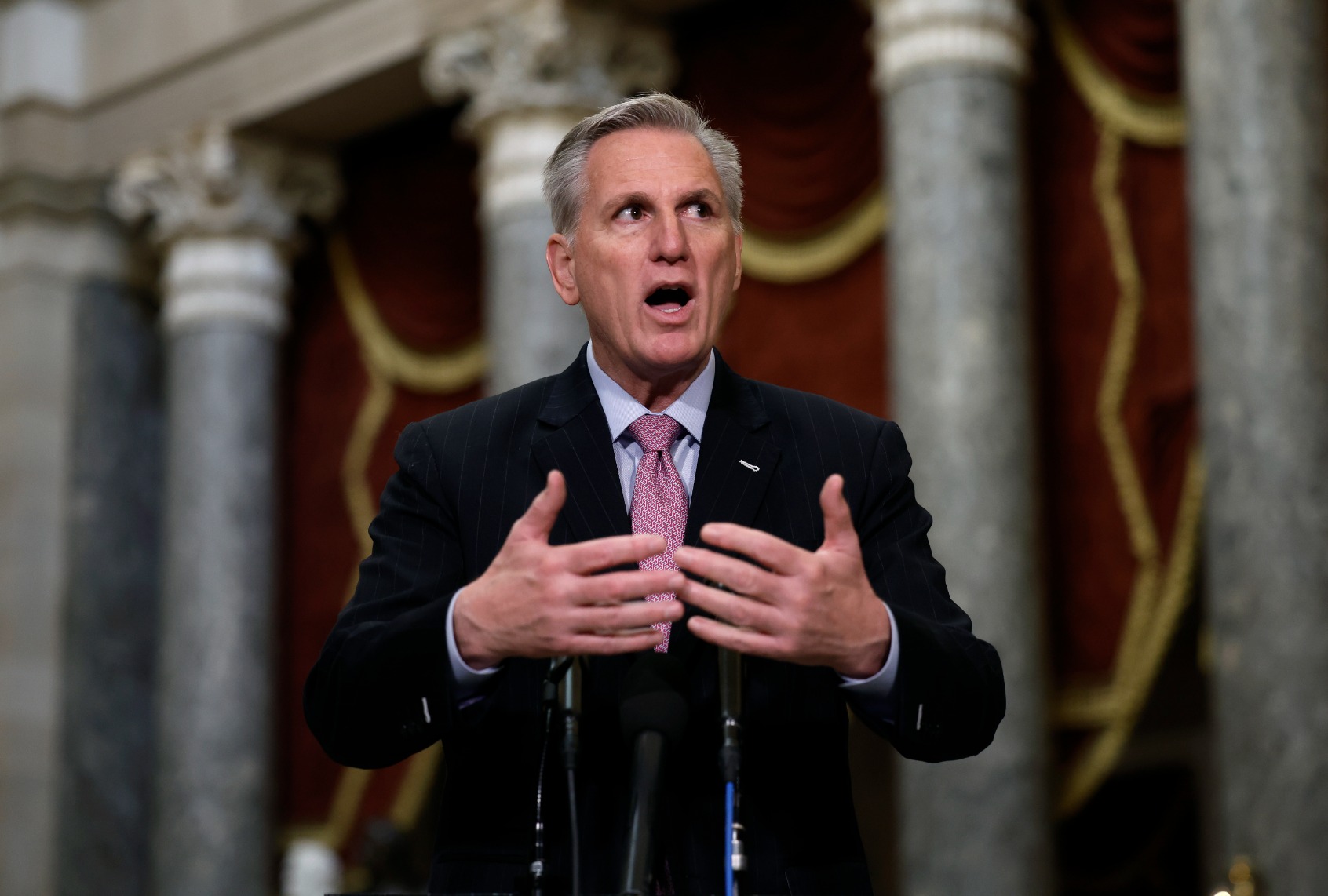 Speaker Kevin McCarthy (R-CA) speaks at a news conference in Statuary Hall of the U.S. Capitol Building on January 12, 2023 in Washington, DC. (Anna Moneymaker/Getty Images)