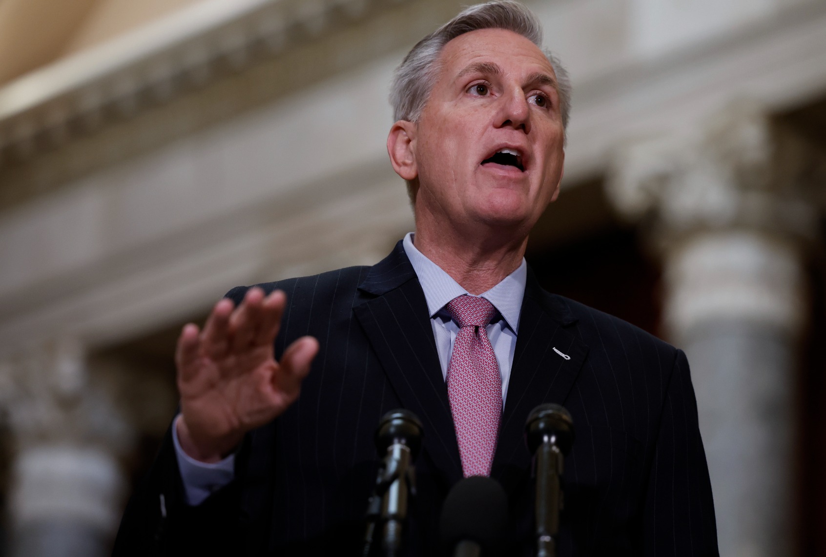 Speaker Kevin McCarthy (R-CA) speaks at a news conference in Statuary Hall of the U.S. Capitol Building on January 12, 2023 in Washington, DC. (Anna Moneymaker/Getty Images)