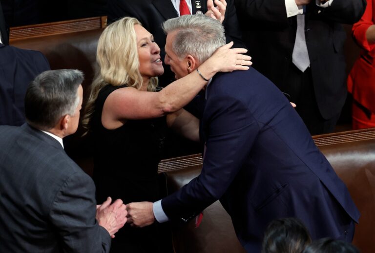 Rep.Marjorie Taylor Greene (R-GA) hugs U.S. House Republican Leader Kevin McCarthy (R-CA) after he is elected Speaker of the House in the House Chamber at the U.S. Capitol Building on January 07, 2023 in Washington, DC. (Anna Moneymaker/Getty Images)