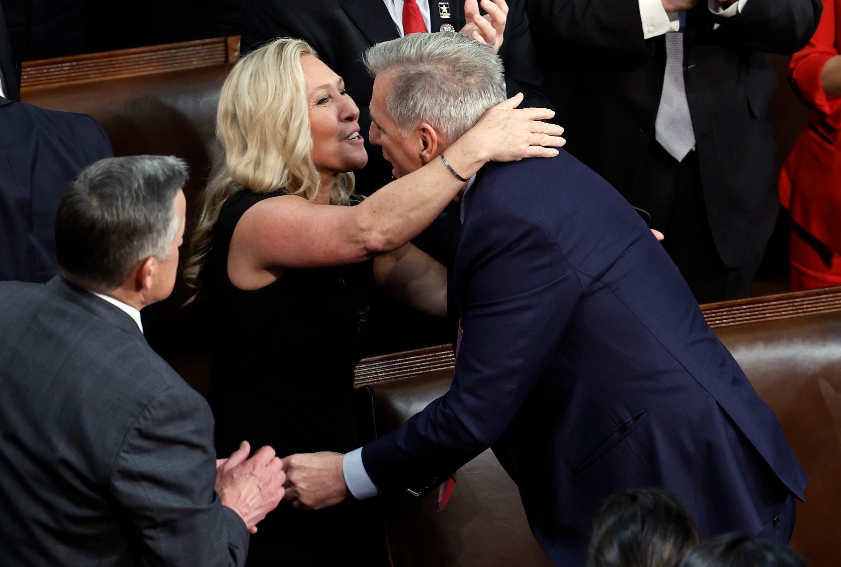 Rep.Marjorie Taylor Greene (R-GA) hugs U.S. House Republican Leader Kevin McCarthy (R-CA) after he is elected Speaker of the House in the House Chamber at the U.S. Capitol Building on January 07, 2023 in Washington, DC. (Anna Moneymaker/Getty Images)