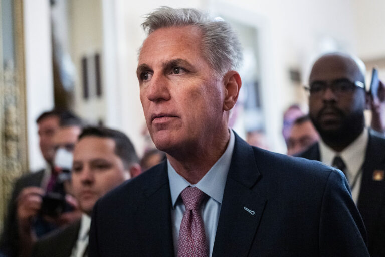 Republican Leader Kevin McCarthy, R-Calif., makes his way to the House floor before a vote for Speaker of House on Friday, January 6, 2023. (Tom Williams/CQ-Roll Call, Inc via Getty Images)