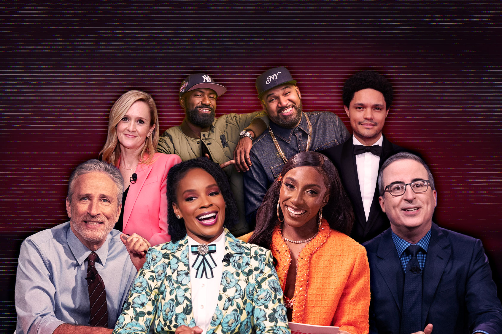 John Stewart, Samantha Bee, Amber Ruffin, Desus & Mero, Ziwe, Trevor Noah and John Oliver. (Photo illustration by Salon/Getty Images/Heidi Gutman/Peacock/Apple TV+/Shayan Asgharnia/SHOWTIME/Greg Endries/HBO)