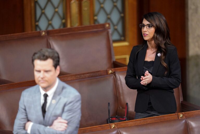 Lauren Boebert (R-Colo.) and Matt Gaetz (R-Fla.) arrive before the House reconvened Friday night following 13 rounds of voting for speaker earlier in the day during a meeting of the 118th Congress, Friday, January 6, 2023, at the U.S. Capitol in Washington DC. (Jabin Botsford/The Washington Post via Getty Images)