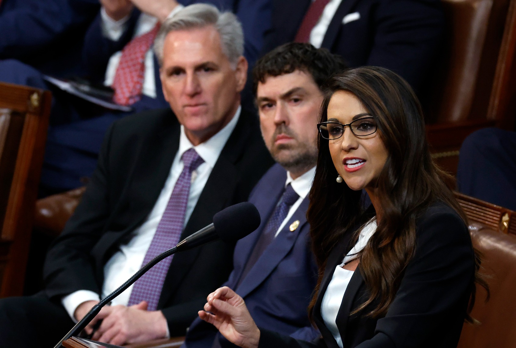 Rep.-elect Lauren Boebert (R-CO) (R) delivers remarks alongside House Republican Leader Kevin McCarthy (L) in the House Chamber during the second day of elections for Speaker of the House at the U.S. Capitol Building on January 04, 2023 in Washington, DC. (Chip Somodevilla/Getty Images)
