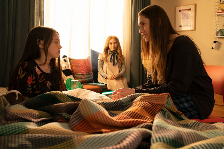 (from left) Cady (Violet McGraw), M3GAN and Gemma (Allison Williams) in "M3GAN" (Geoffrey Short/Universal Pictures)