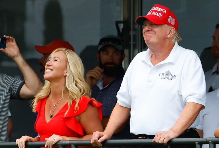 Former President Donald Trump and Marjorie Taylor Greene at the LIV Golf Invitational Series Bedminster on July 31, 2022 at Trump National Golf Club in Bedminster, New Jersey. (Rich Graessle/Icon Sportswire via Getty Images)
