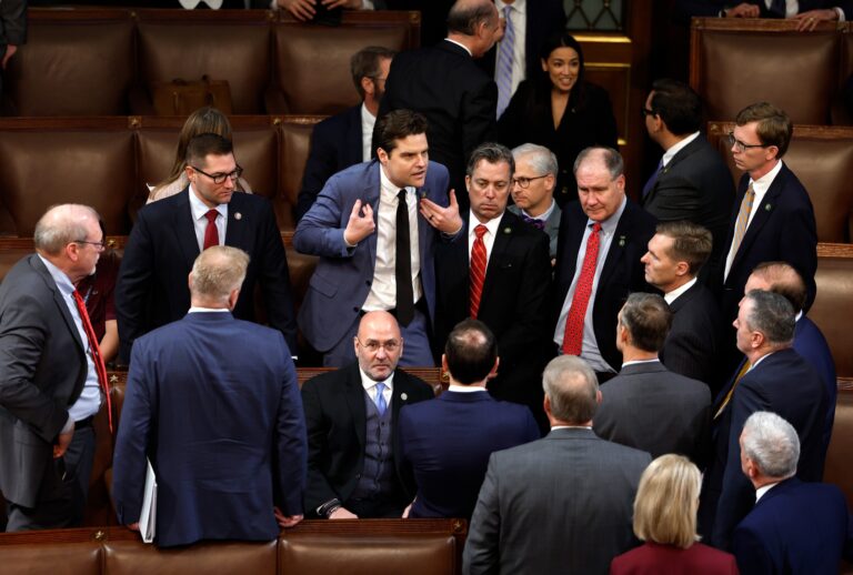 Rep.-elect Matt Gaetz (R-FL) talks to fellow members-elect during the second day of elections for Speaker of the House at the U.S. Capitol Building on January 04, 2023 in Washington, DC. (Anna Moneymaker/Getty Images)