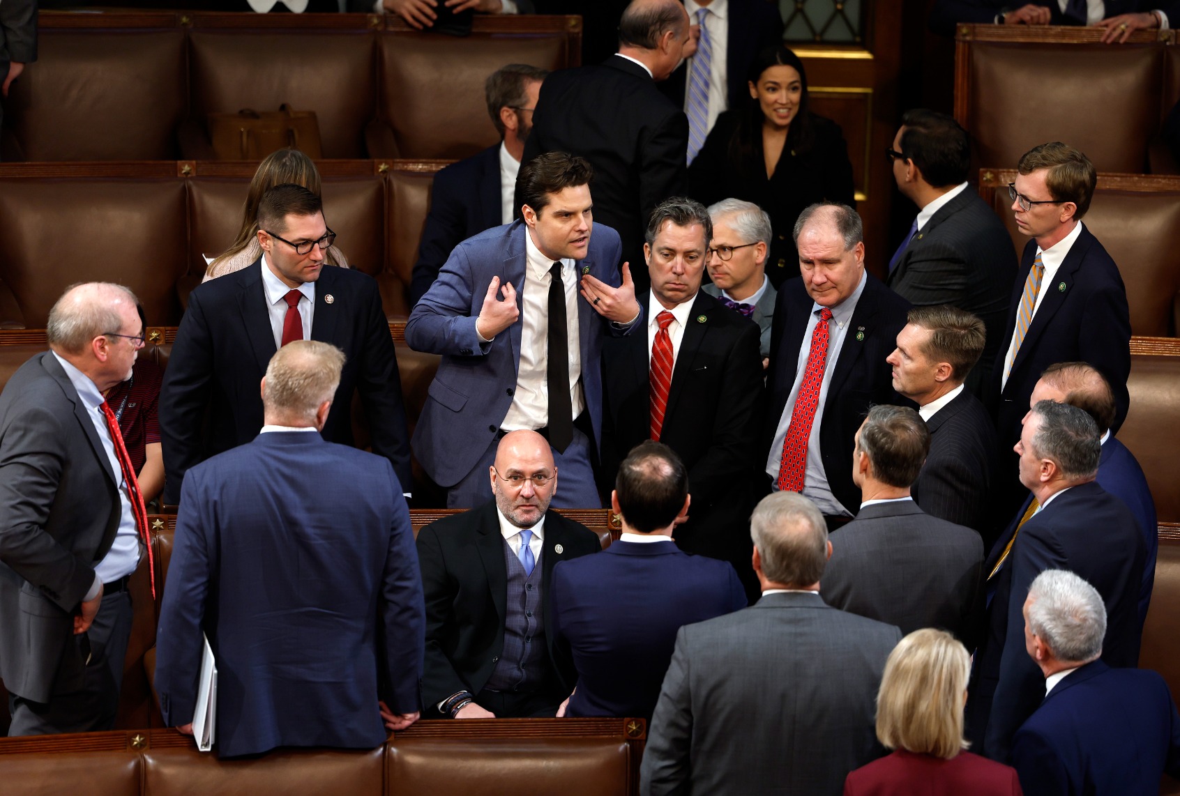 Rep.-elect Matt Gaetz (R-FL) talks to fellow members-elect during the second day of elections for Speaker of the House at the U.S. Capitol Building on January 04, 2023 in Washington, DC. (Anna Moneymaker/Getty Images)