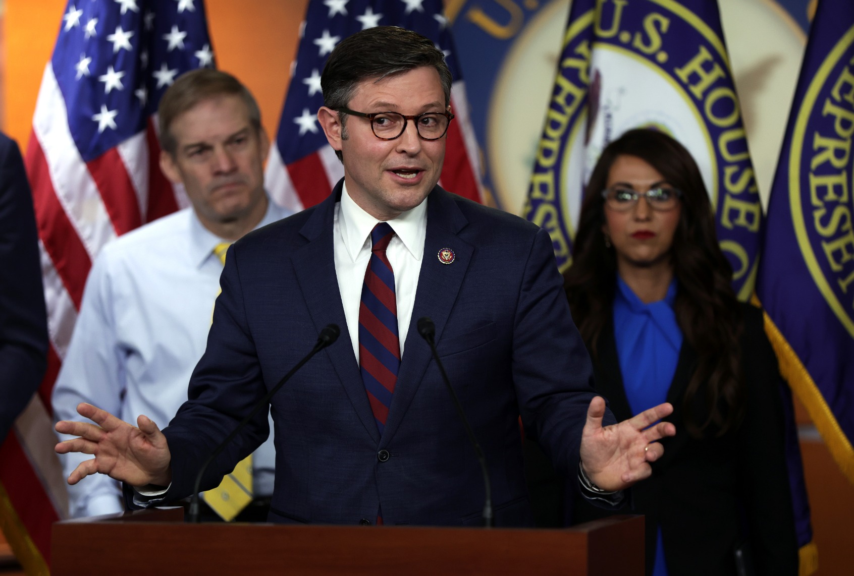 Rep. Mike Johnson (R-LA) speaks as Rep. Jim Jordan (R-OH) and Rep. Lauren Boebert (R-CO) listen during a news conference at the U.S. Capitol May 11, 2022 in Washington, DC. (Alex Wong/Getty Images)