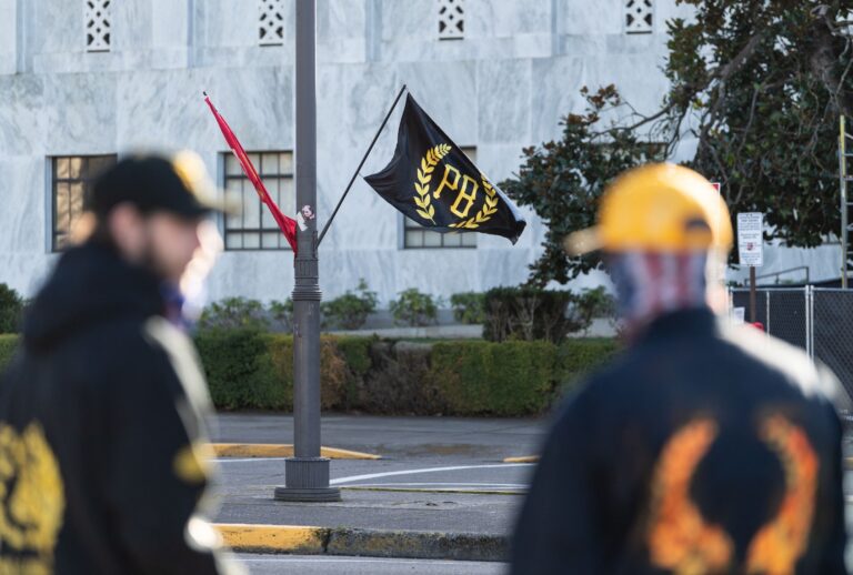 Members of the Proud Boys during a far-right rally on January 8, 2022 in Salem, Oregon. (MATHIEU LEWIS-ROLLAND/AFP via Getty Images)