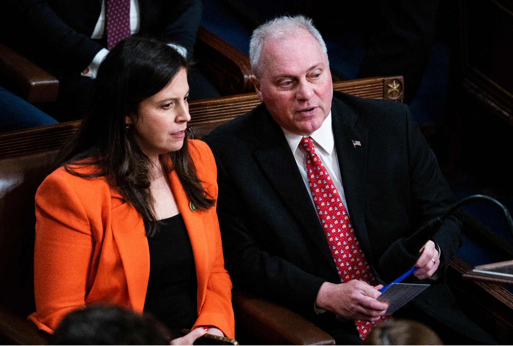 Rep. Steve Scalise, R-La., and House Republican Conference Chair Elise Stefanik, R-N.Y., are seen on the House floor during a vote in which House Republican Leader Kevin McCarthy, R-Calif., did not receive enough votes to become Speaker of the House on Wednesday, January 4, 2023. (Tom Williams/CQ-Roll Call, Inc via Getty Images)