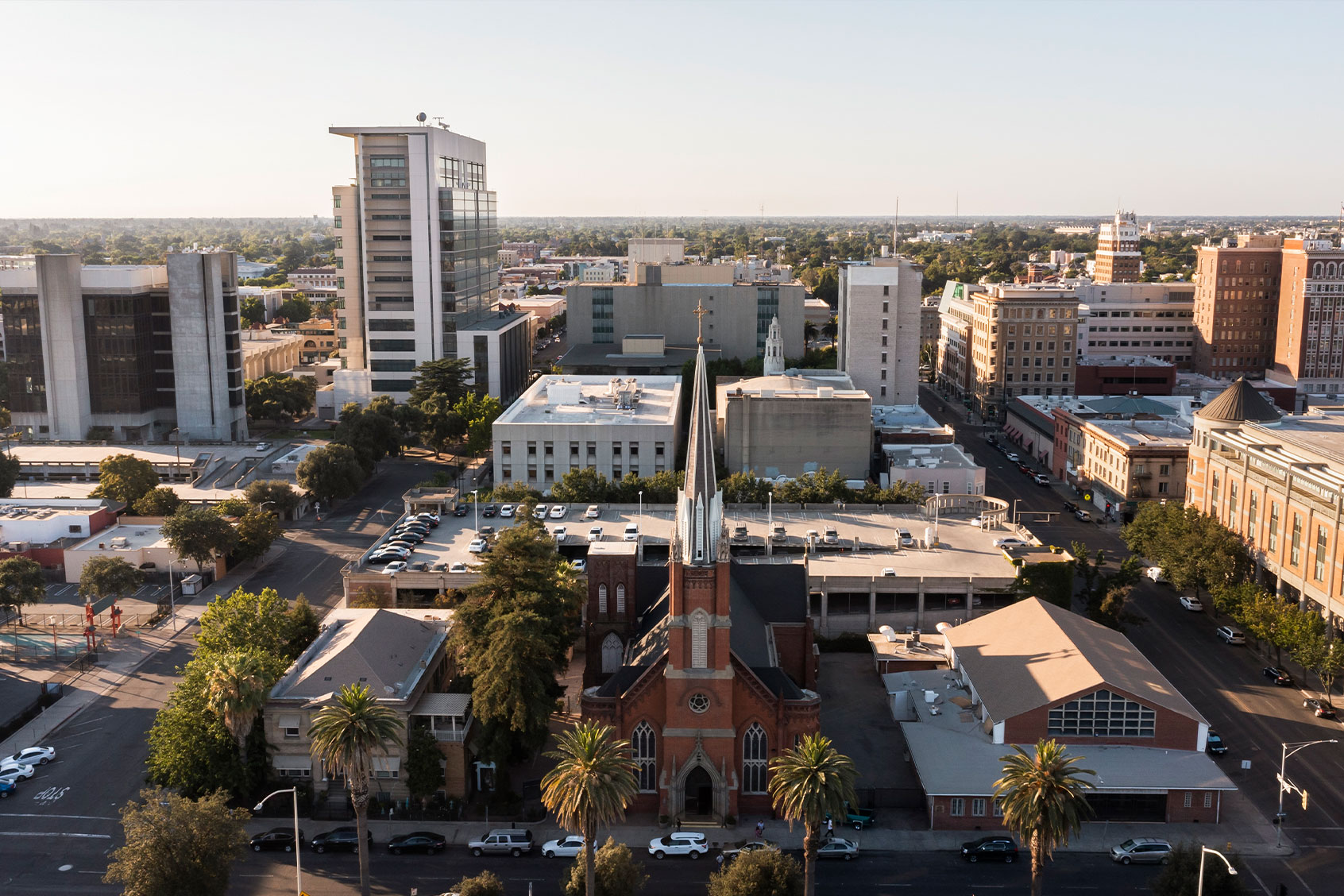 Sunset aerial view of downtown Stockton, California, USA. (Getty Images/MattGush)