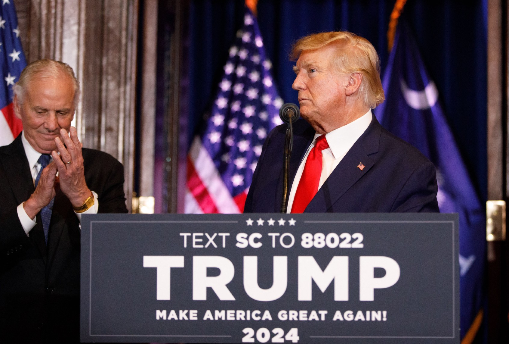 Former US President Donald Trump addresses the crowd during a 2024 election campaign event in Columbia, South Carolina, on January 28, 2023 ( LOGAN CYRUS/AFP via Getty Images)