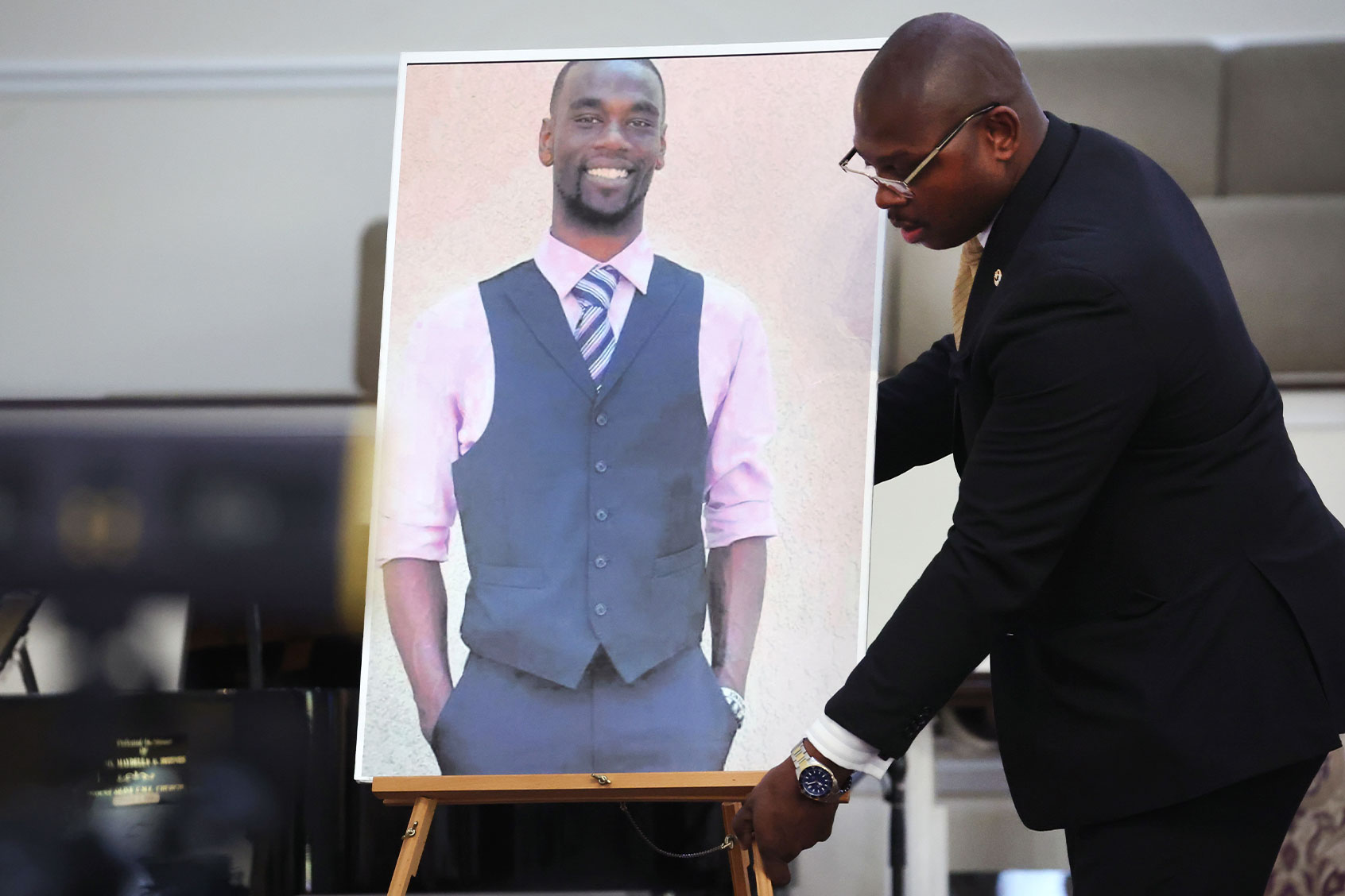 A photo of Tyre Nichols is positioned prior to a press conference on January 27, 2023 in Memphis, Tennessee. (Scott Olson/Getty Images)