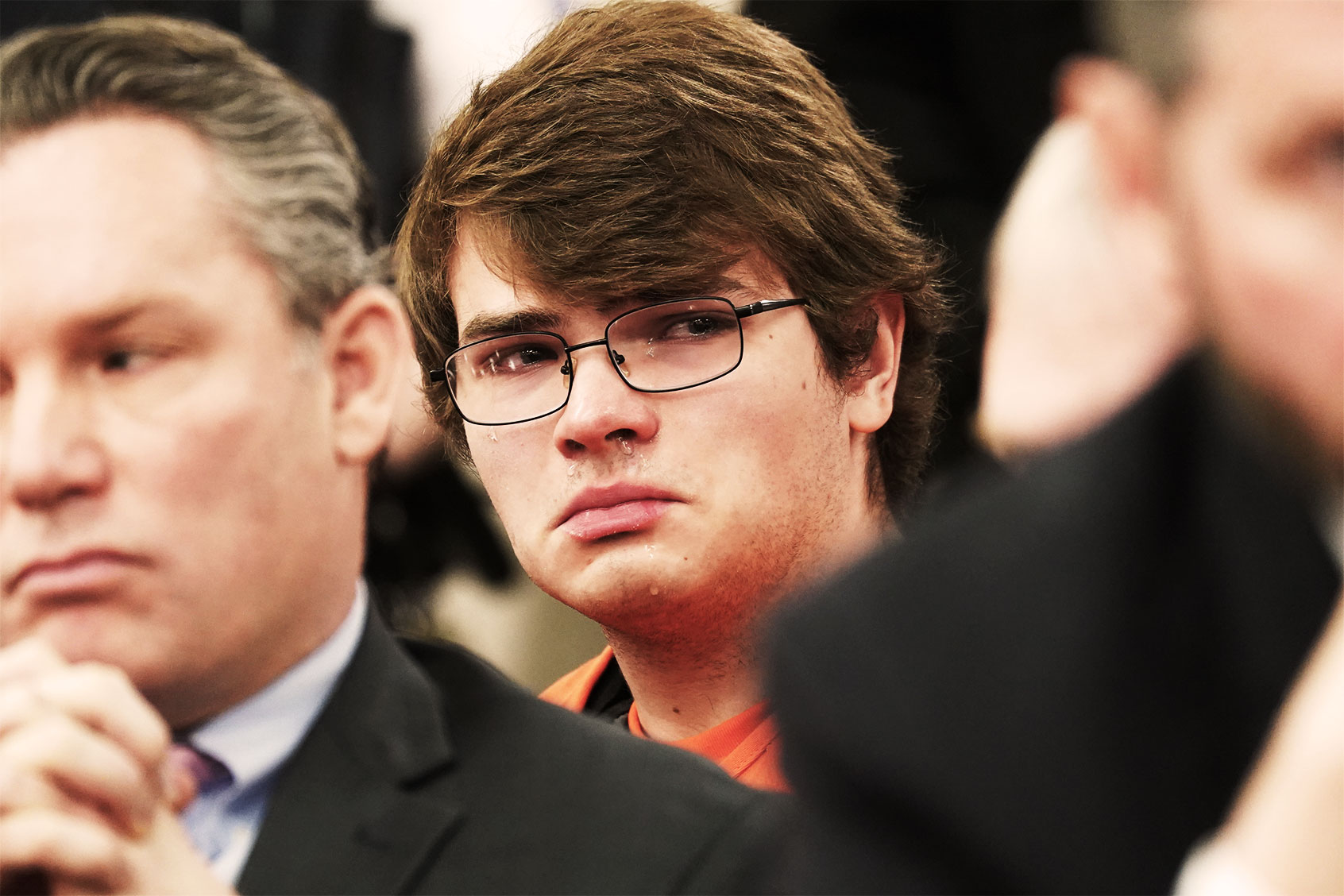 Payton Gendron (C) weeps as he listens to the impact statement of family members of the victims and survivors in Buffalo, New York State, the United States, on Feb. 15, 2023. (Derek Gee/Buffalo News/Pool via Xinhua)