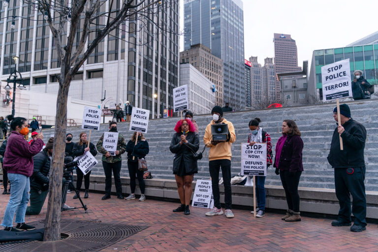 A woman speaks during a protest following the shooting death of Manuel Teran during a police raid on their encampment inside Weelaunee People's Park, the site of the proposed 'Cop City' training facility, earlier in the week, on Saturday, January 21, 2022 in Atlanta, GA. (Elijah Nouvelage for The Washington Post via Getty Images)