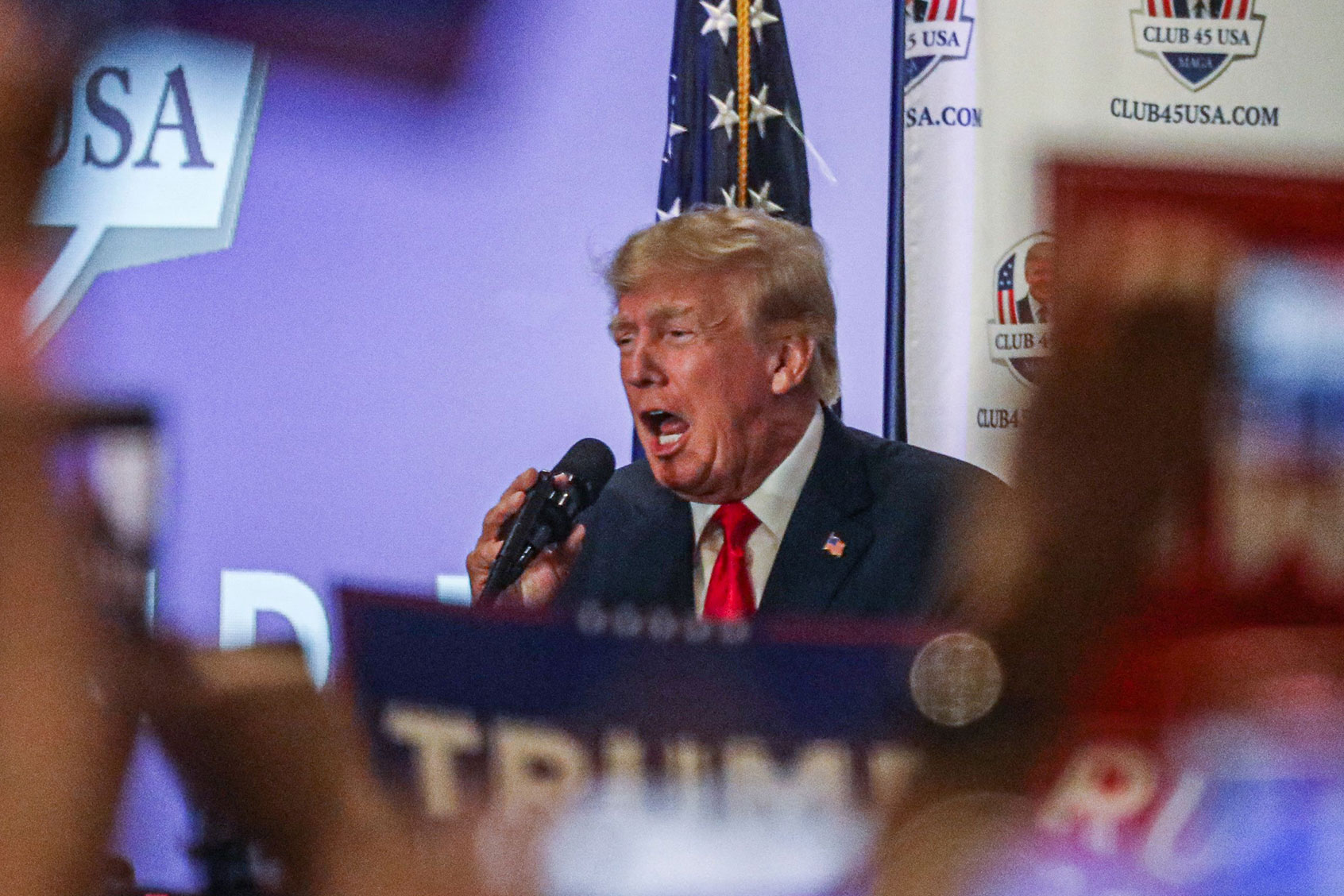 Former US President Donald Trump speaks to supporters during Trump's President Day event at the Hilton Palm Beach Airport in West Palm Beach, Florida, on February 20, 2023. (GIORGIO VIERA/AFP via Getty Images)