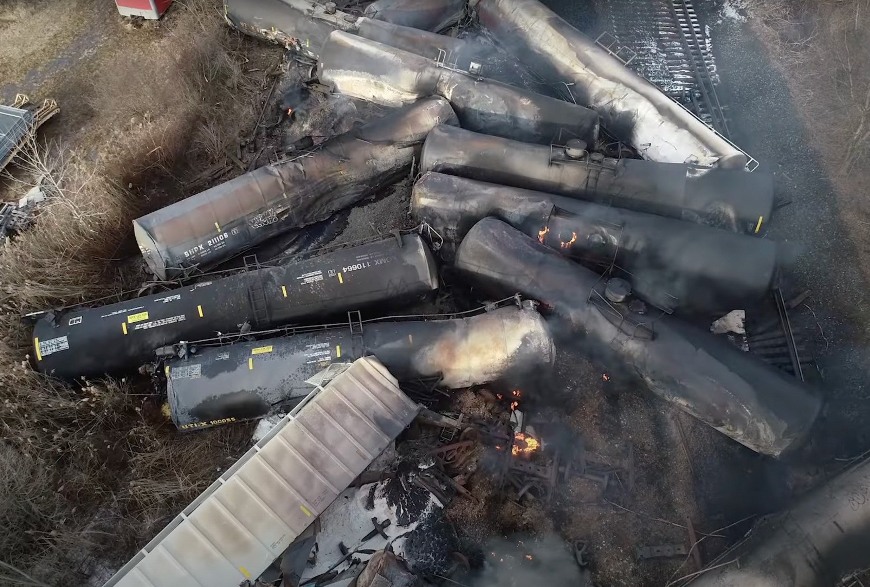 This video screenshot released by the U.S. National Transportation Safety Board (NTSB) shows the site of a derailed freight train in East Palestine, Ohio, the United States. (NTSB/Handout via Xinhua/Getty Images)