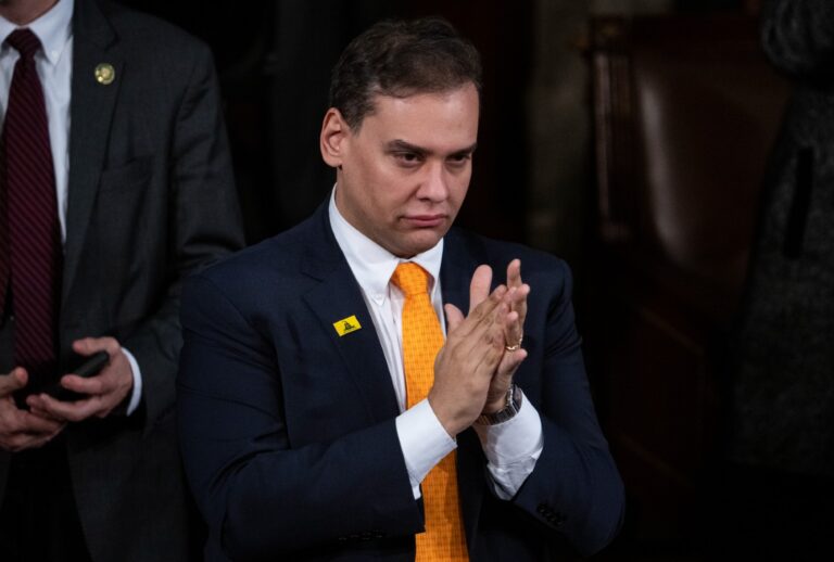 Rep. George Santos, R-N.Y., applauds during President Joe Biden's State of the Union address in the House Chamber of the U.S. Capitol on Tuesday, February 7, 2023. (Tom Williams/CQ-Roll Call, Inc via Getty Images)