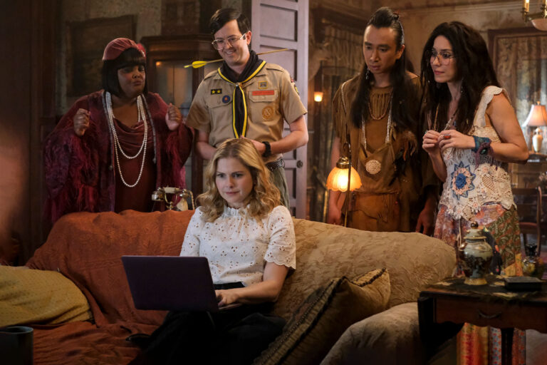 Danielle Pinnock as Alberta, Richie Moriarty as Pete, Rose McIver as Samantha, Roman Zaragoza as Sasappis and Sheila Carrasco as Flower in "Ghosts" (Bertrand Calmeau/CBS)