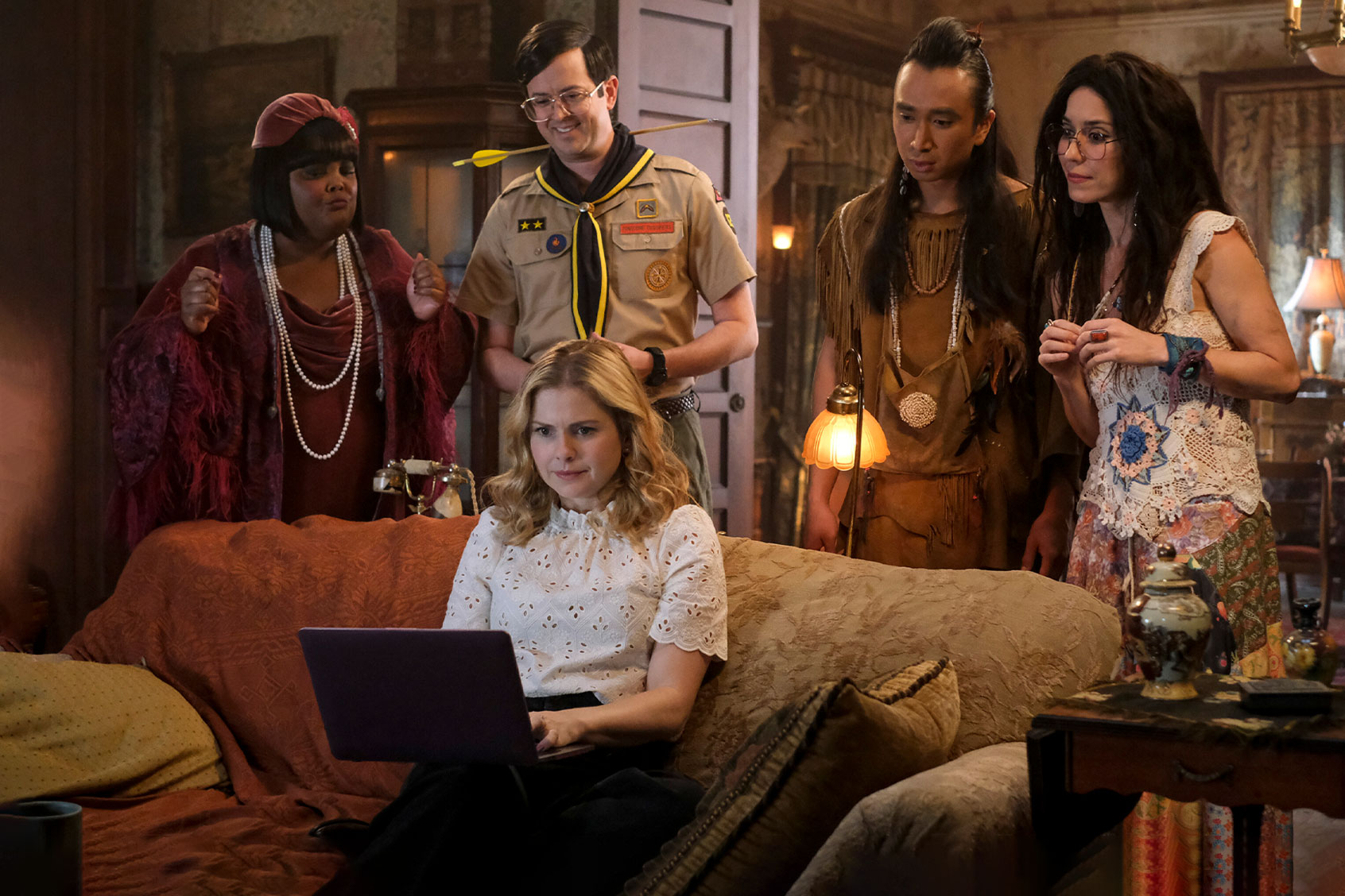 Danielle Pinnock as Alberta, Richie Moriarty as Pete, Rose McIver as Samantha, Roman Zaragoza as Sasappis and Sheila Carrasco as Flower in "Ghosts" (Bertrand Calmeau/CBS)
