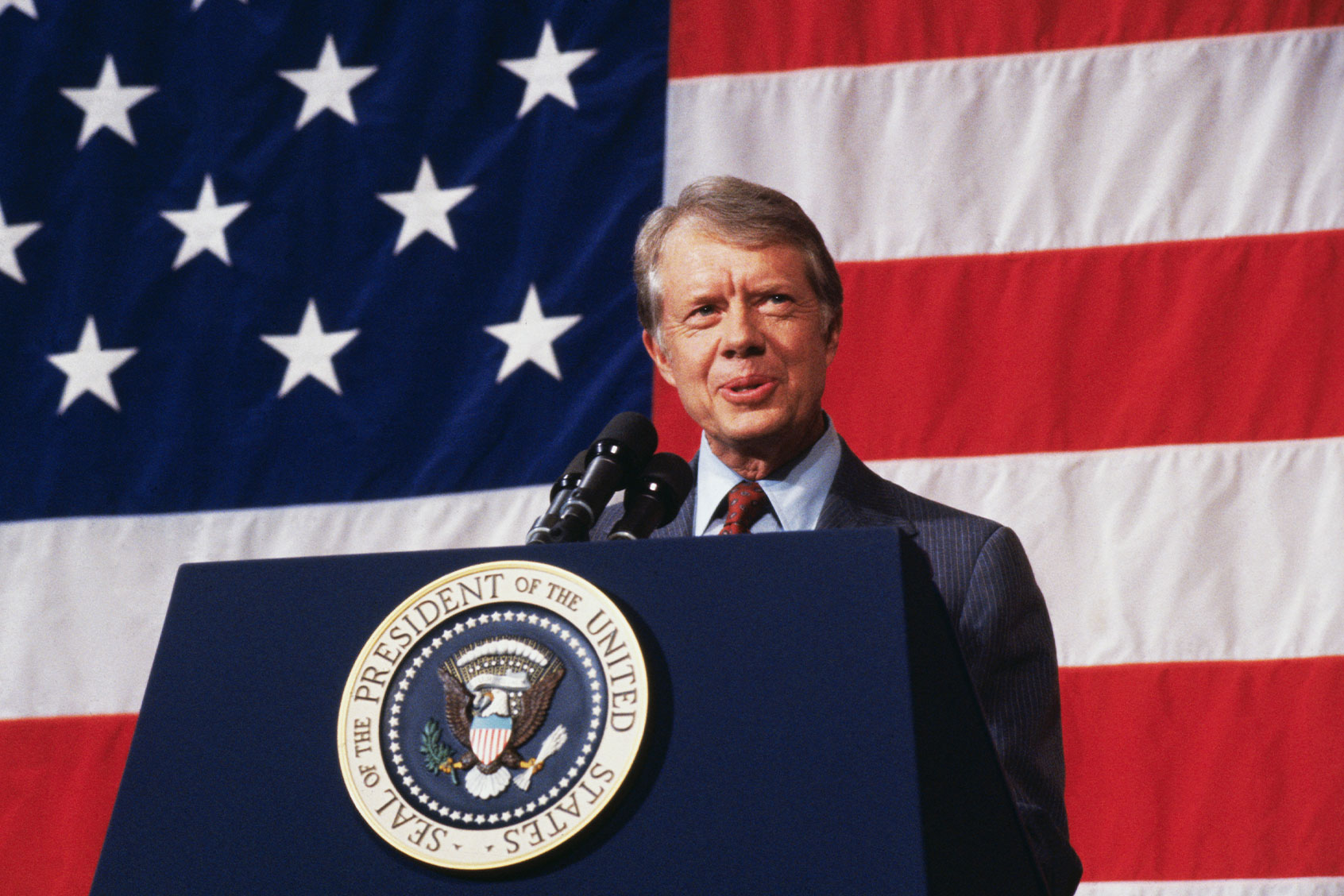 President Jimmy Carter speaks to the citizens of Elk City, fulfilling a campaign pledge to return after his election, on March 24, 1979. (Getty Images/Bettmann)