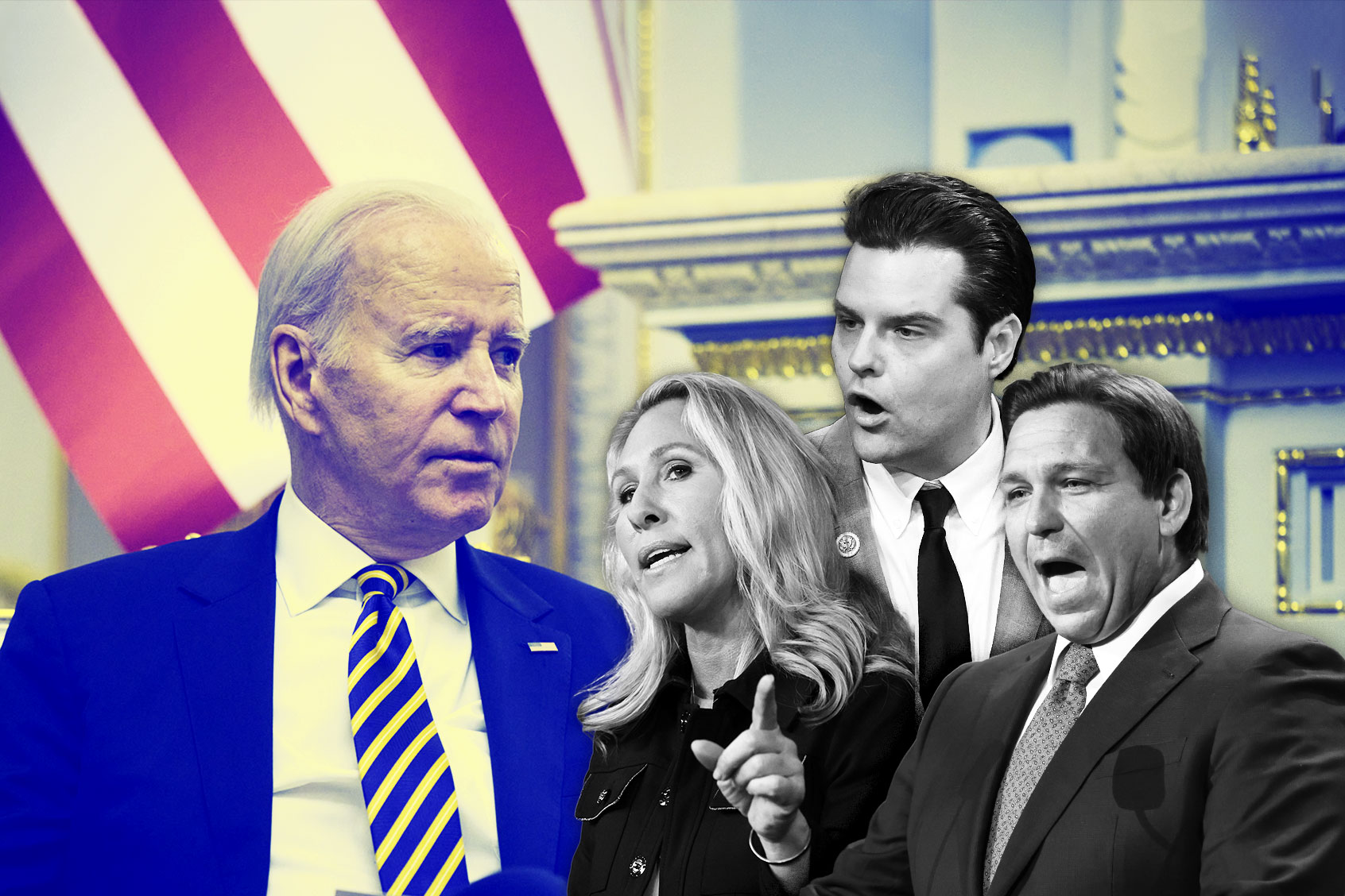 Joe Biden Marjorie Taylor Greene Matt Gaetz and Ron DeSantis (Photo illustration by Salon/Getty Images)