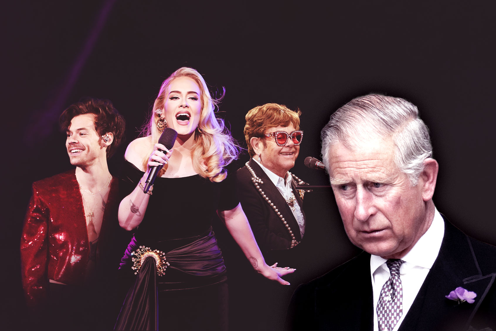 King Charles III, Harry Styles, Adele and Elton John (Photo illustration by Salon/Getty Images)