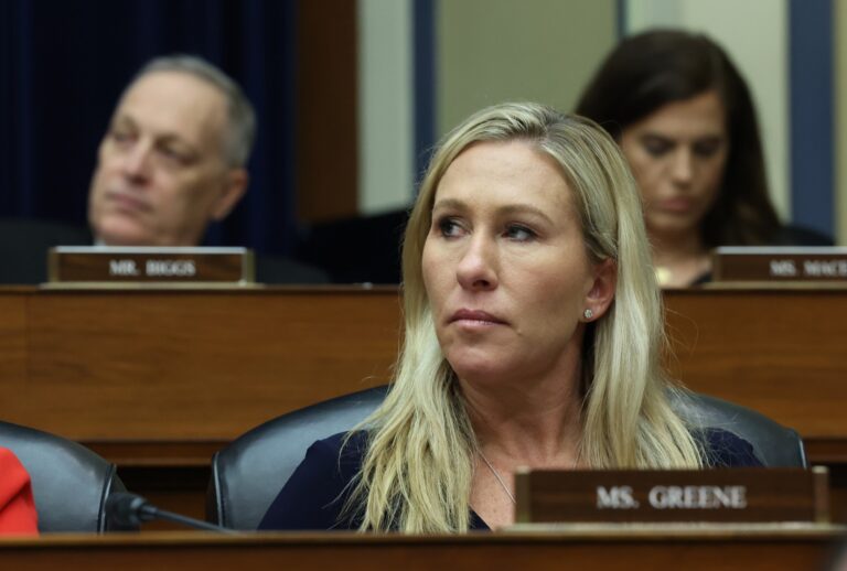 Rep. Marjorie Taylor Greene (R-GA) participates in a meeting of the House Oversight and Reform Committee in the Rayburn House Office Building on January 31, 2023 in Washington, DC. (Kevin Dietsch/Getty Images)