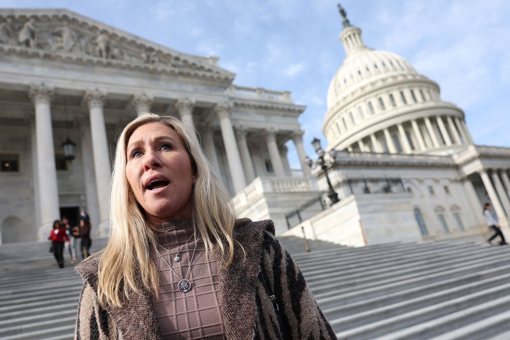 U.S. Rep. Marjorie Taylor Greene (R-GA) talks to reporters as she leaves the U.S. Capitol after the final series of votes for the week on February 02, 2023 in Washington, DC. (Kevin Dietsch/Getty Images)