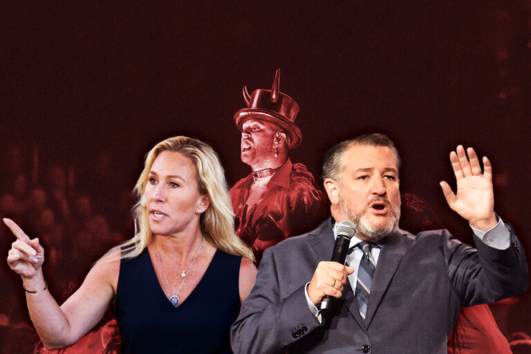 Marjorie Taylor Greene and Ted Cruz, in front of Sam Smith's performance for the 65th GRAMMY Awards. (Photo illustration by Salon/Getty Images)