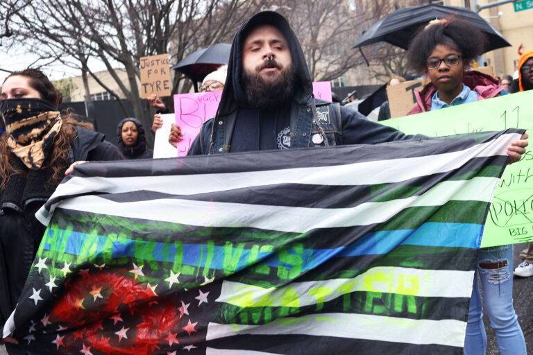 Demonstrators march through downtown protesting the death of Tyre Nichols on January 28, 2023 in Memphis, Tennessee. Tyre Nichols died on January 10th, three days after being severely beaten by five Memphis police officers. (Scott Olson/Getty Images)