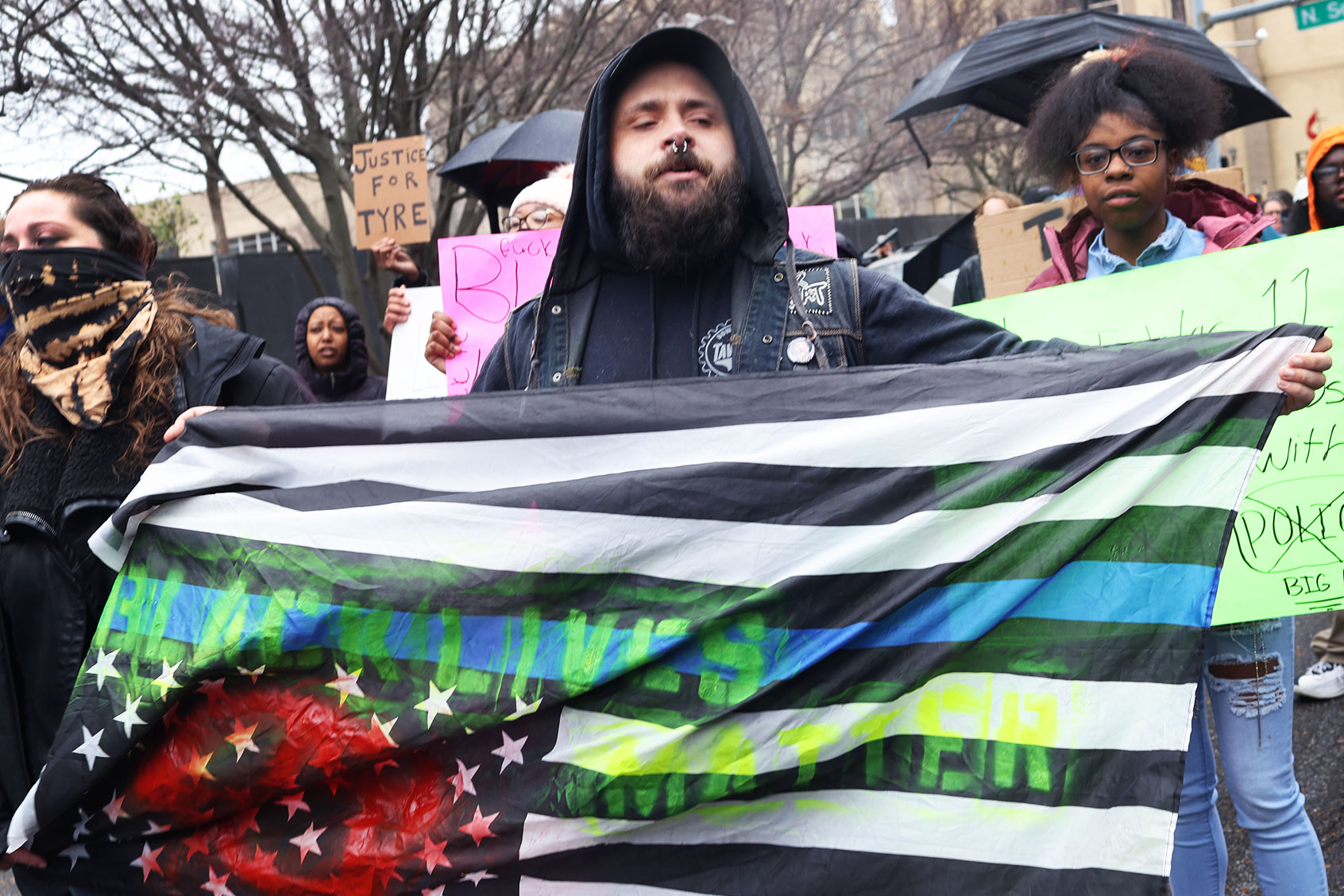 Demonstrators march through downtown protesting the death of Tyre Nichols on January 28, 2023 in Memphis, Tennessee. Tyre Nichols died on January 10th, three days after being severely beaten by five Memphis police officers. (Scott Olson/Getty Images)