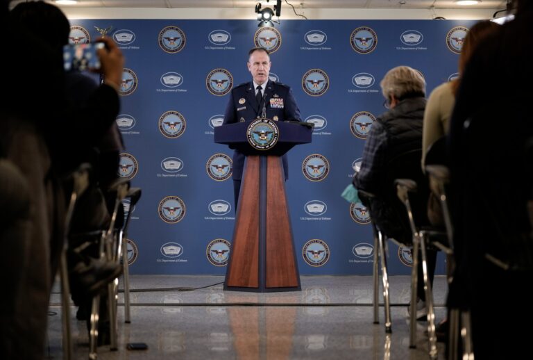 Pentagon Press Secretary Brig. Gen. Pat Ryder speaks during a press briefing at the Pentagon on February 10, 2023 in Arlington, Virginia. (Drew Angerer/Getty Images)