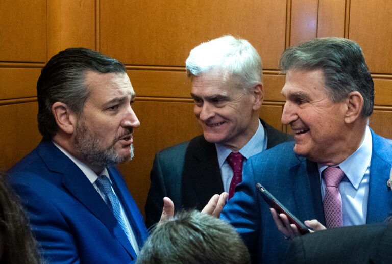 Sens. Joe Manchin, D-W.Va., center, and Ted Cruz, R-Texas, left, are seen during a Senate vote in the U.S. Capitol on Wednesday, September 22, 2021. (Tom Williams/CQ-Roll Call, Inc via Getty Images)