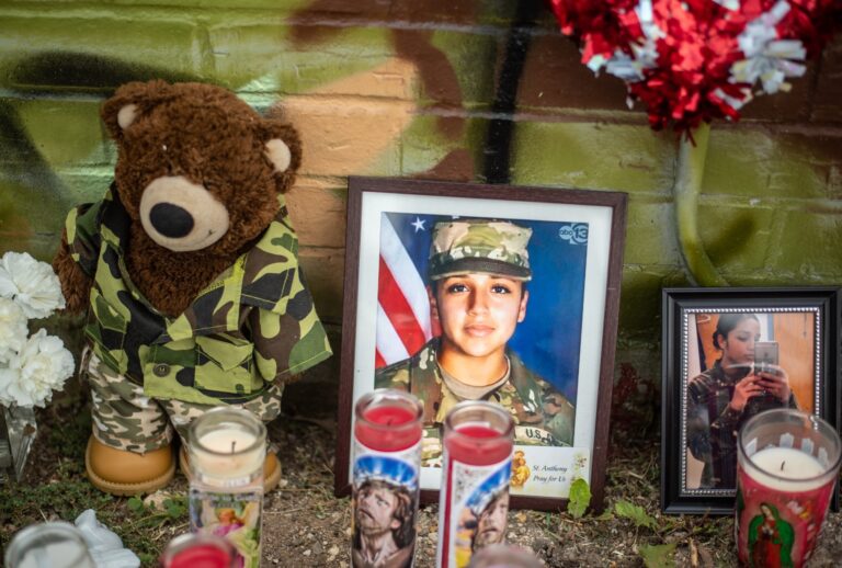 People pay respects at a mural of Vanessa Guillen, a soldier based at nearby Fort Hood on July 6, 2020 in Austin, Texas. ( Sergio Flores/Getty Images)