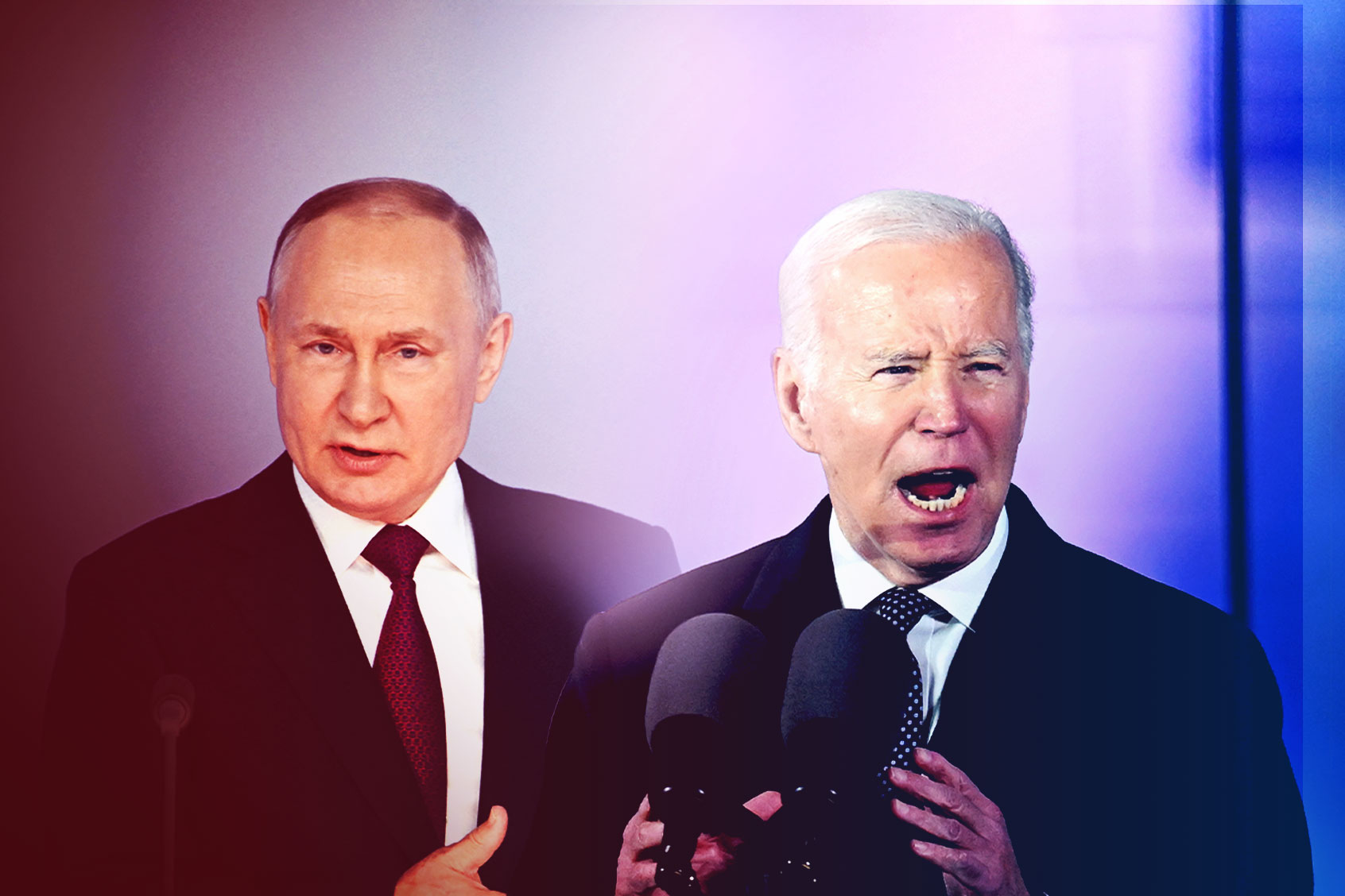 Russian President Vladimir Putin delivering his annual state of the nation address at the Gostiny Dvor conference centre in central Moscow on February 21, 2023. | US President Joe Biden speaking during his visit on February 21, 2023 in Warsaw, Poland. (Photo illustration by Salon/Getty Images)