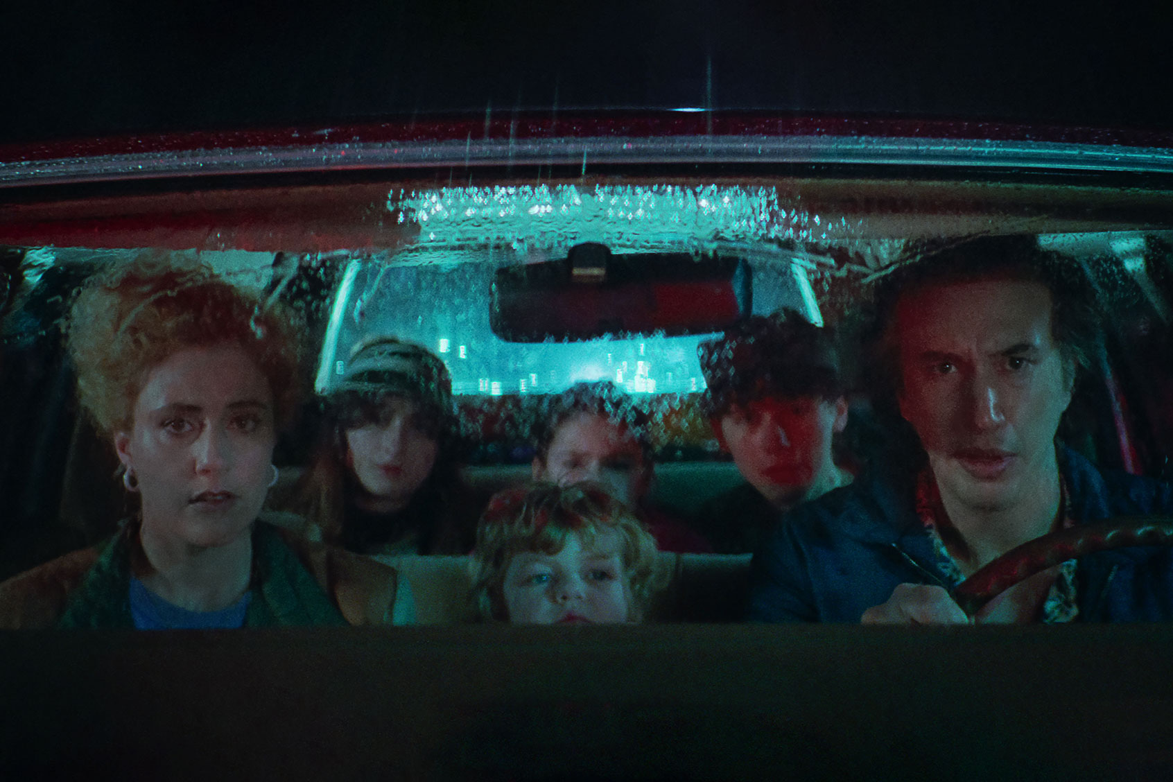 Greta Gerwig as Babette, Raffey Cassidy as Denise, May Nivola as Steffie, Sam Nivola as Heinrich and Adam Driver as Jack in "White Noise." (Netflix)