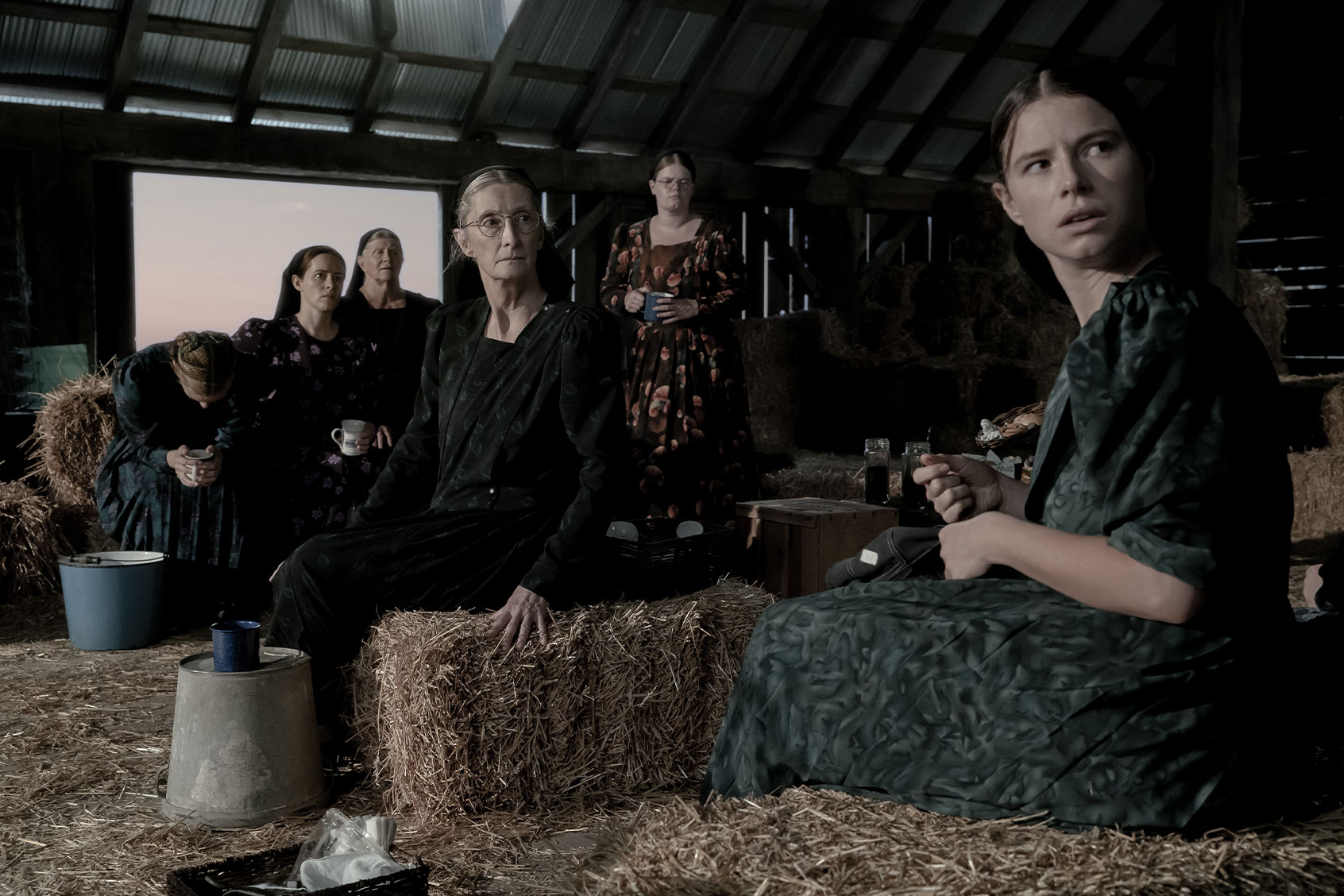 Rooney Mara stars as Ona, Claire Foy as Salome, Judith Ivey as Agata, Sheila McCarthy as Greta, Michelle McLeod as Mejal and Jessie Buckley as Mariche in "Women Talking" (Michael Gibson/Orion Pictures)