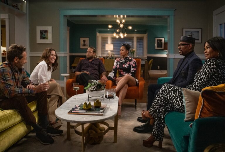 David Duchovny as Arnold, Julia Louis-Dreyfus as Shelley, Jonah Hill as Ezra, Lauren London as Amira, Eddie Murphy as Akbar, and Nia Long as Fatima in "You People" (Parrish Lewis/Netflix)