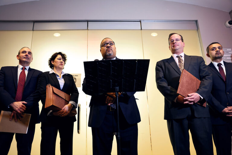 Manhattan District Attorney Alvin Bragg speaks at a press conference after the sentencing hearing of the Trump Organization at the New York Supreme Court on January 13, 2023 in New York City. (Michael M. Santiago/Getty Images)