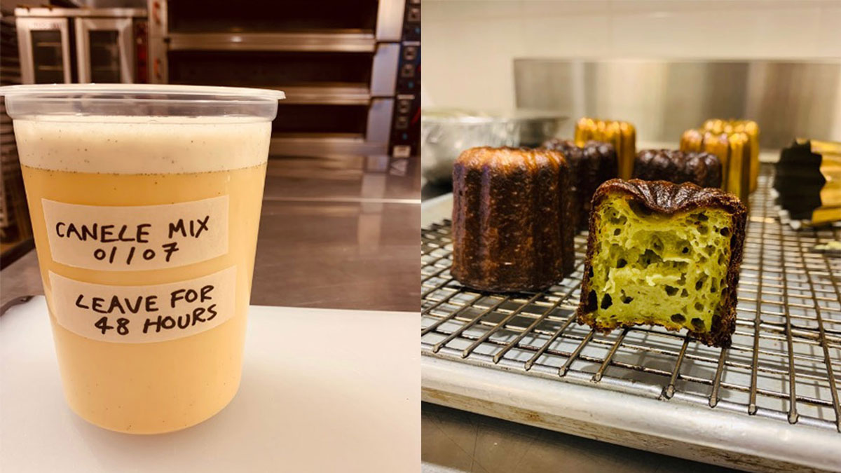Chef Rory's canelé mixture and the final product, matcha canelés